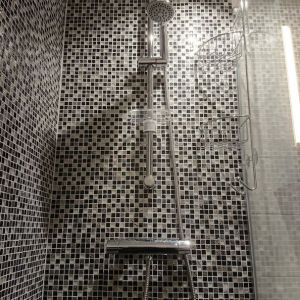 Badrum med duschhörna med mosaik i Svalöv